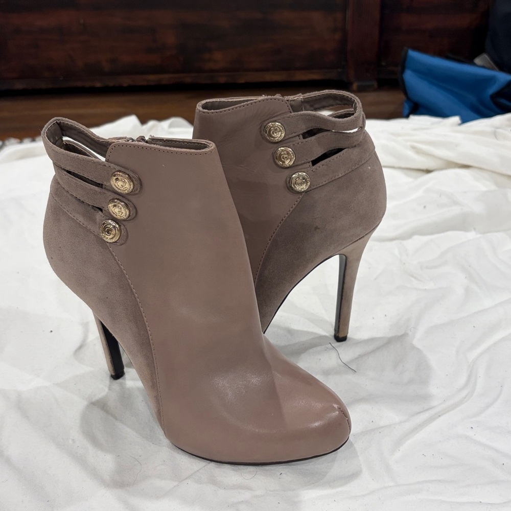 Guess Taupe Heeled Boots with Gold Accents